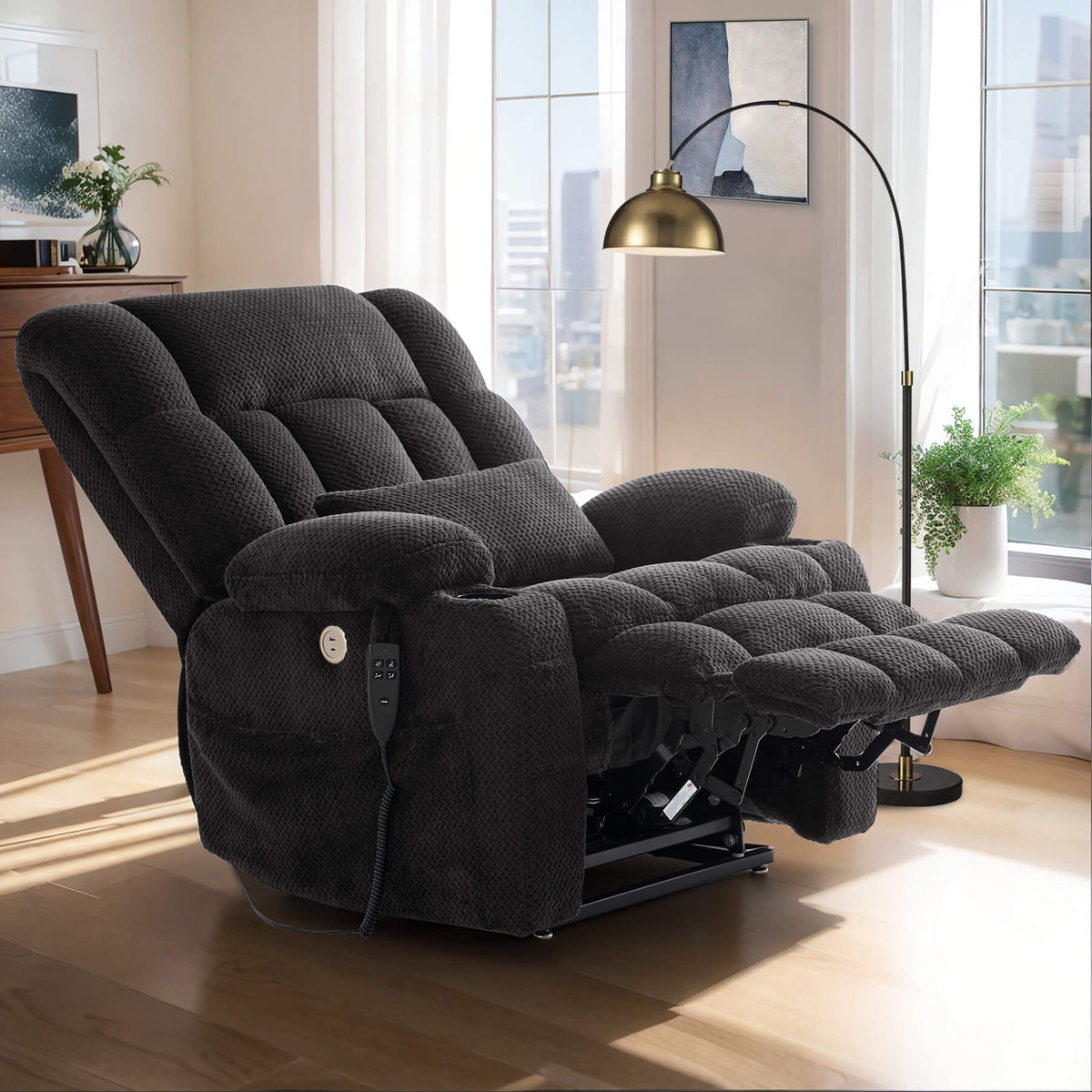 Asjmreye large power recliner in reclining position. Perfect for reading, watching TV and sleeping.