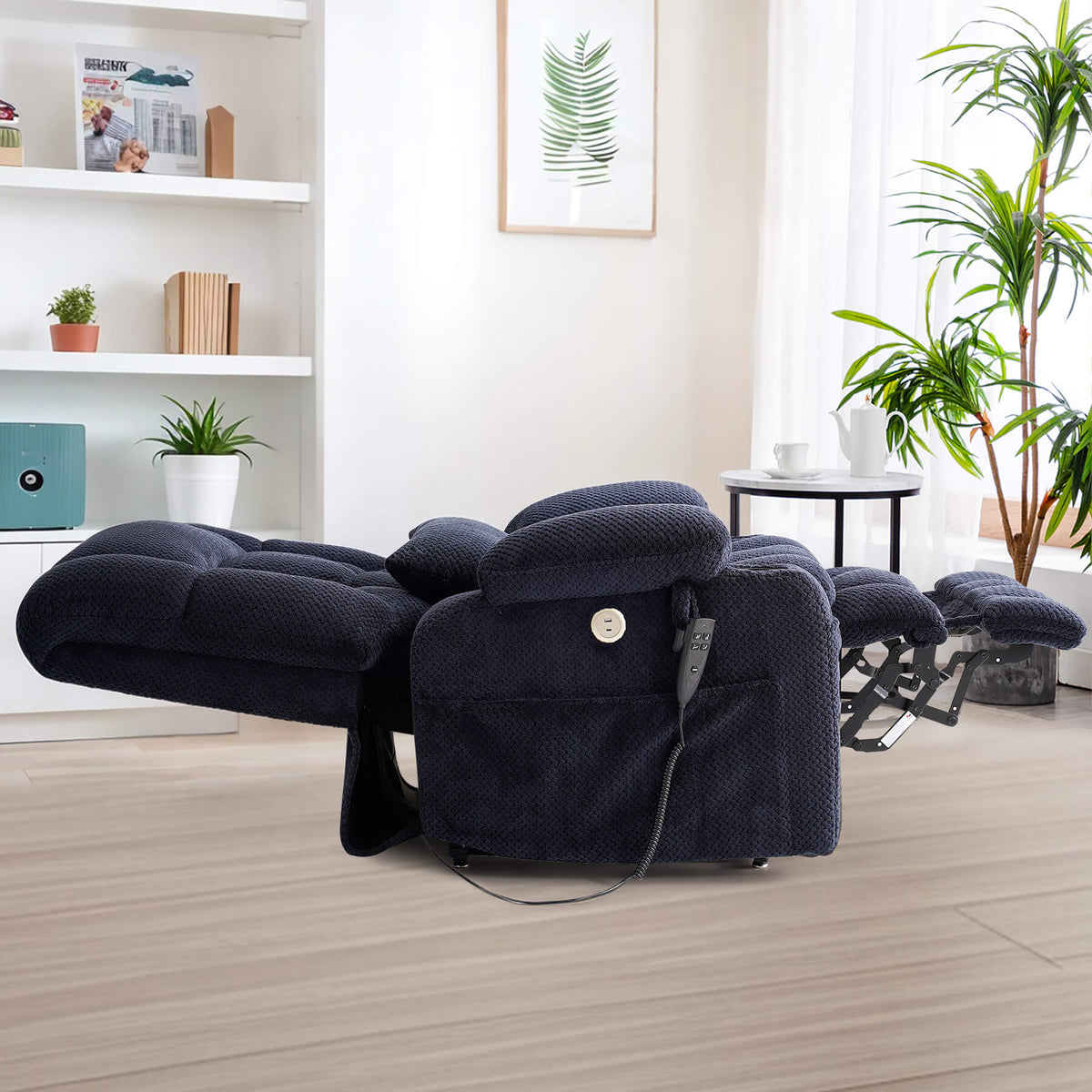 Extra long and wide lay flat recliner in the living room.