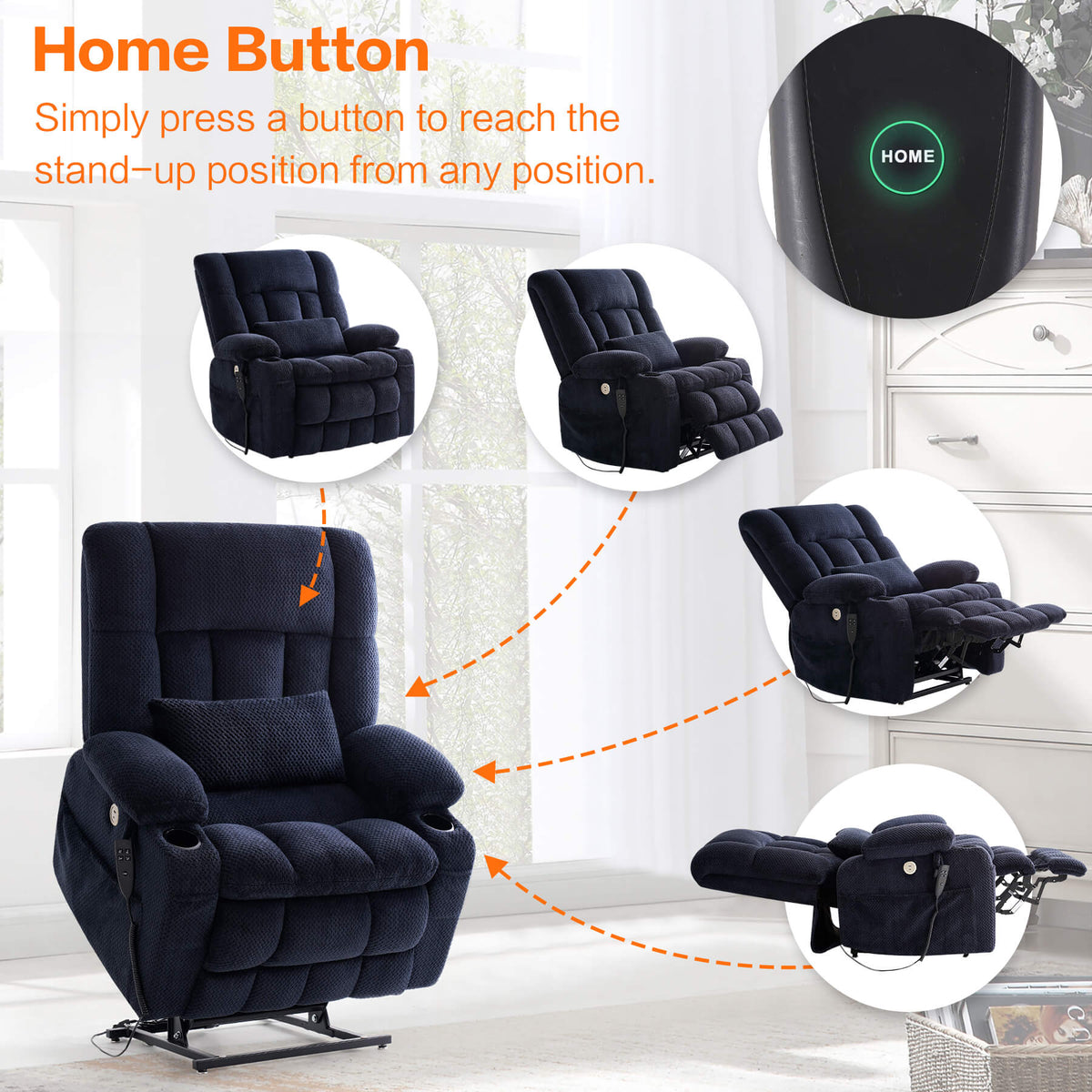 Simply press the HOME button to reach the stand-up position from any position.