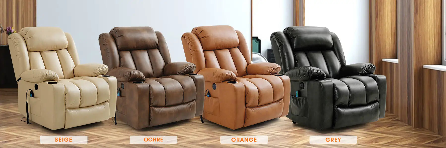 Four recliner chairs in beige, ochre, orange, and gray on a wooden floor.