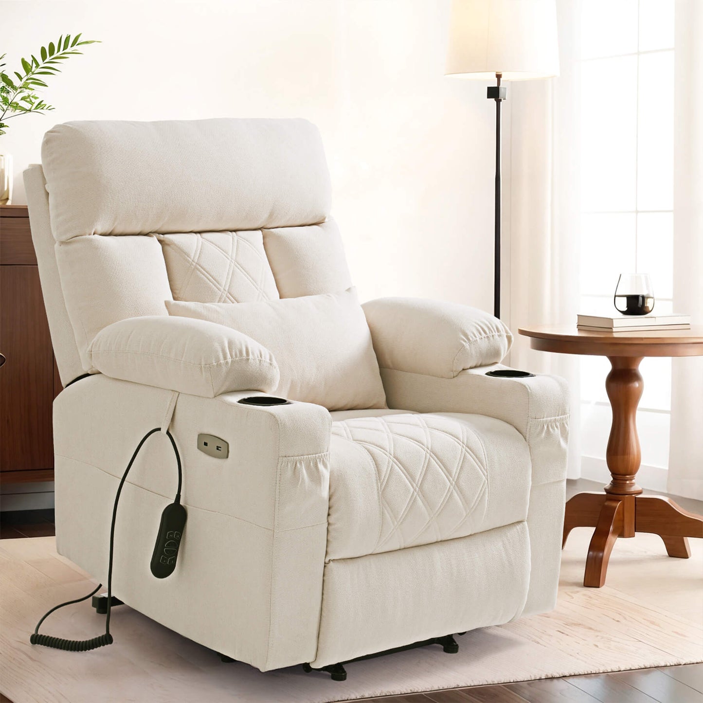 Sitting position beige fabric power recliner with a lumbar pillow and  two cup holders