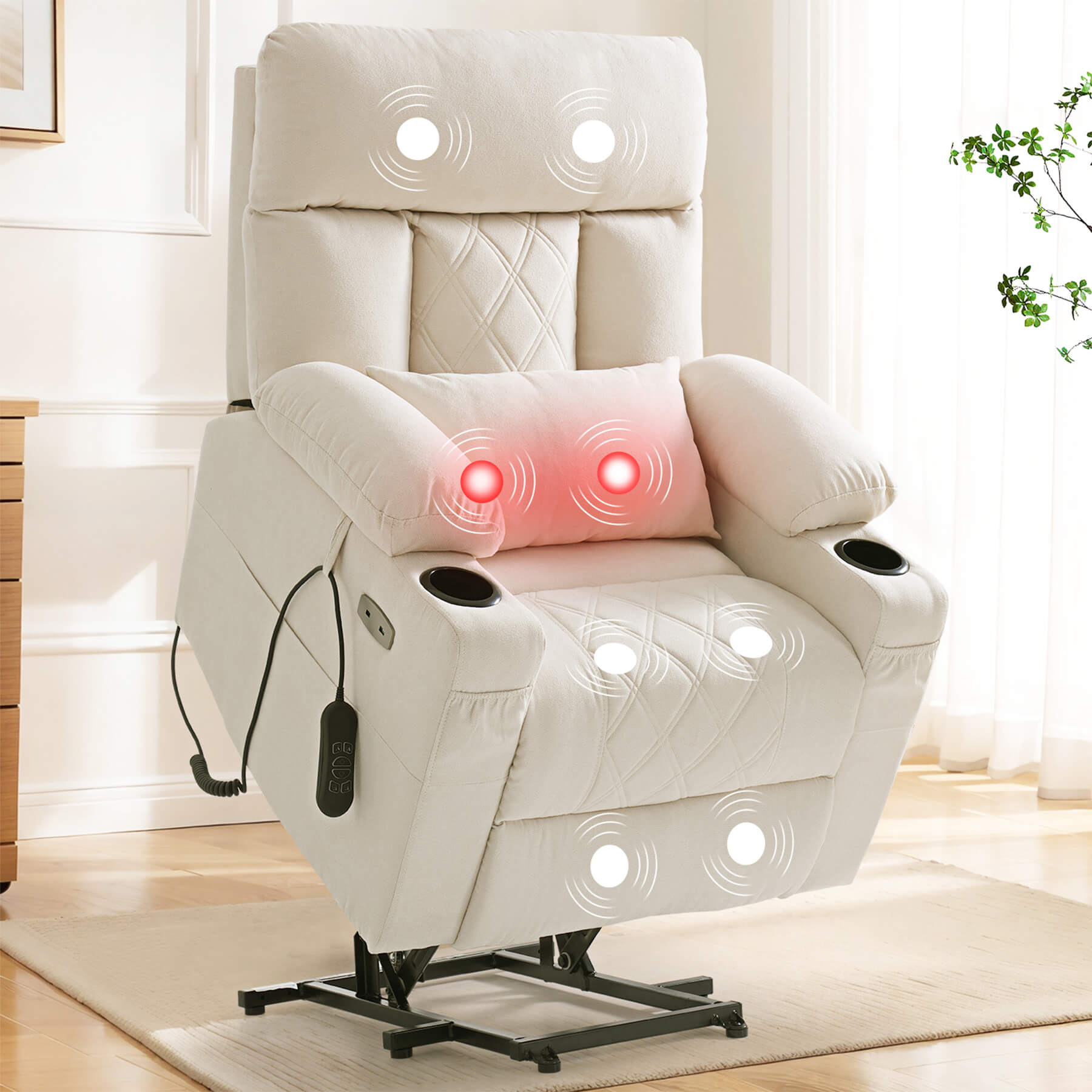 Beige fabric infinite position lift recliner chair for seniors with vibration massage and lumbar heating