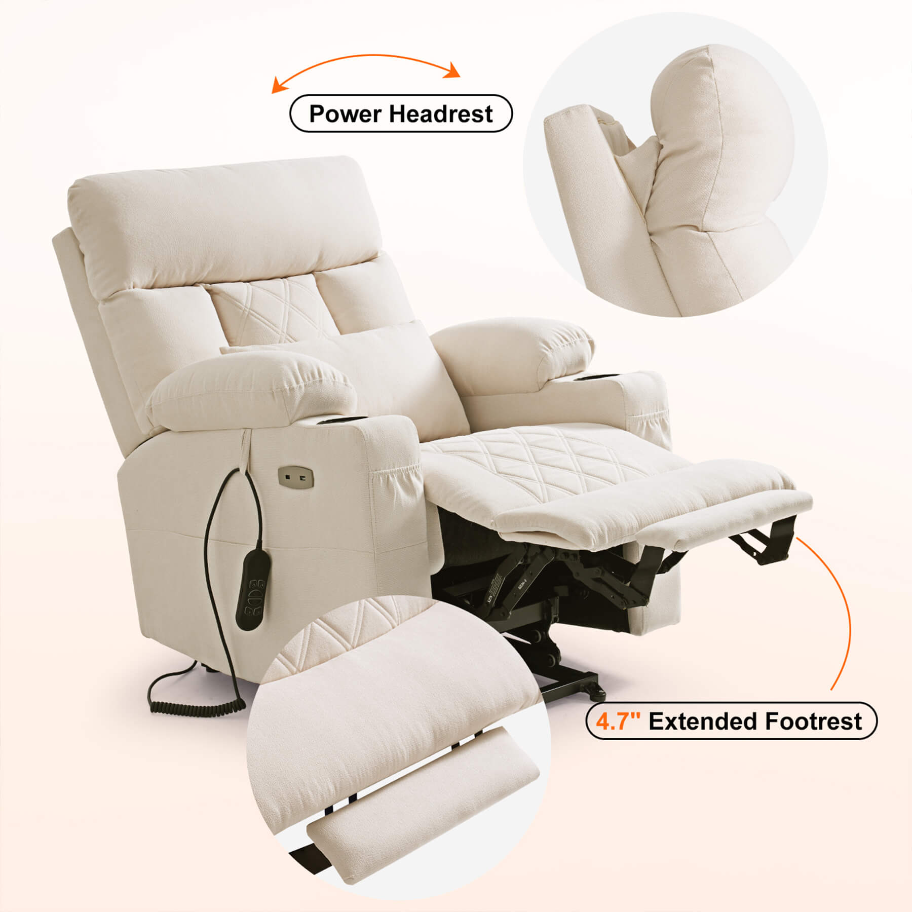 Triple motor recliner with power headrest and extended footrest on a white background