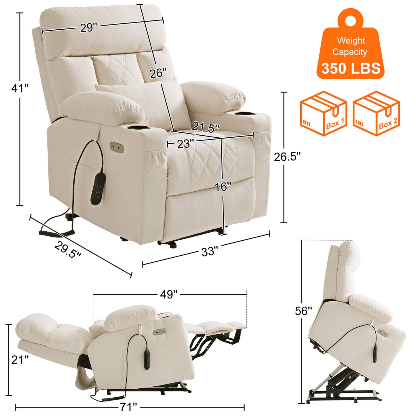 Recliner size, overall dimensions: 33" x 29.5" x 41", weight capacity 350 lbs, comes in two boxes.