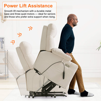 Beige power lift chair with a man demonstrating its use, text about power lift assistance.