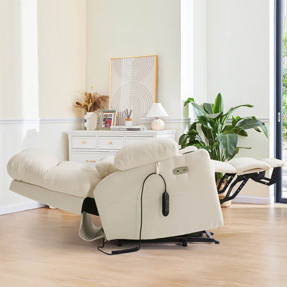 A beige recliner positioned at zero-gravity angle in a modern living room