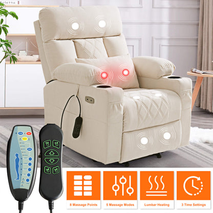 Beige massage recliner chair with remote controls in a living room setting
