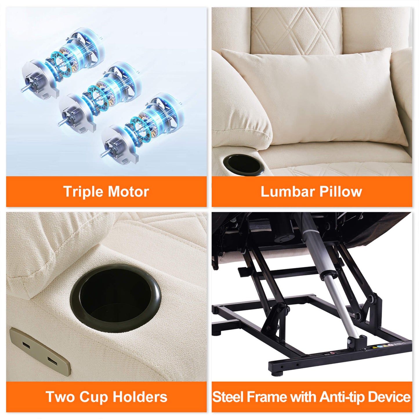 Collage of a recliner chair's features including triple motor, lumbar pillow, two cup holders, and steel frame with anti-tip device.