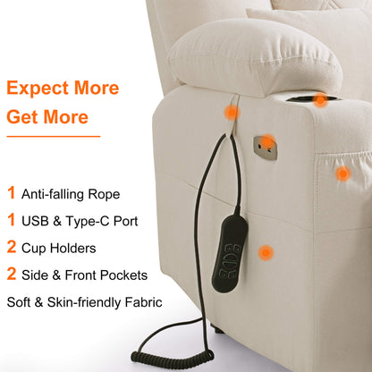 Beige recliner chair with USB and Type-C port, anti-falling rope, cup holders, side and front pockets on a white background.