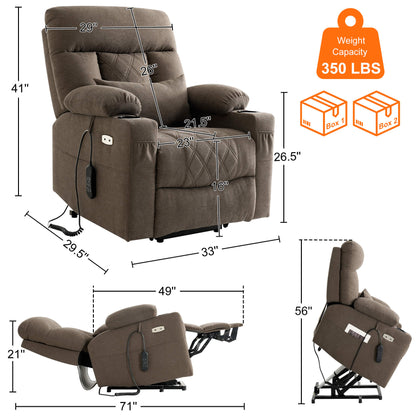 Recliner size, overall dimensions: 33" x 29.5" x 41", weight capacity 350 lbs, comes in two boxes.