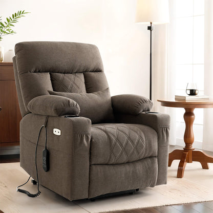 Sitting position brown fabric power recliner with lumbar pillow.