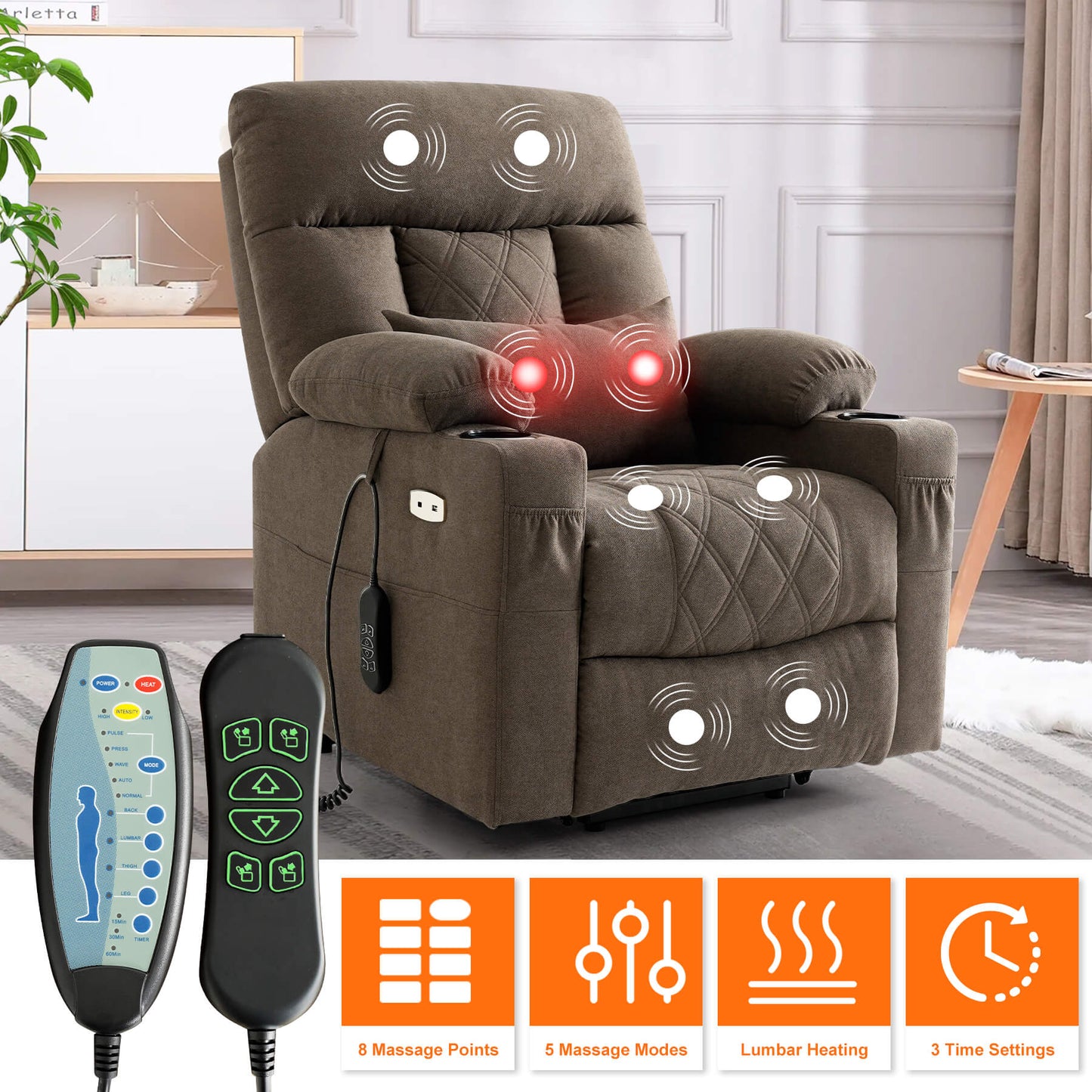 Classic electric recliner chair with massage and heating function, operated by remote control.