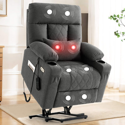 Infinite position lift recliner chair for seniors with vibration massage and lumbar heating, gray fabric.