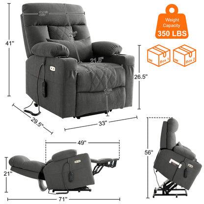 Recliner size, overall dimensions: 33" x 29.5" x 41", weight capacity 350 lbs, comes in two boxes.