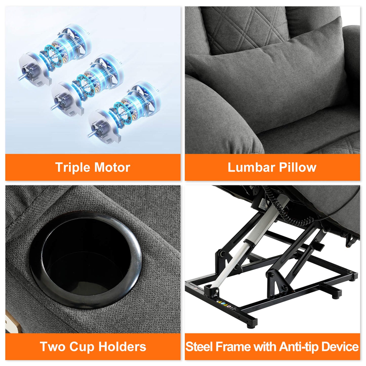 Chair details: three motors, lumbar pillow, two cup holders, steel frame with anti-tip device.