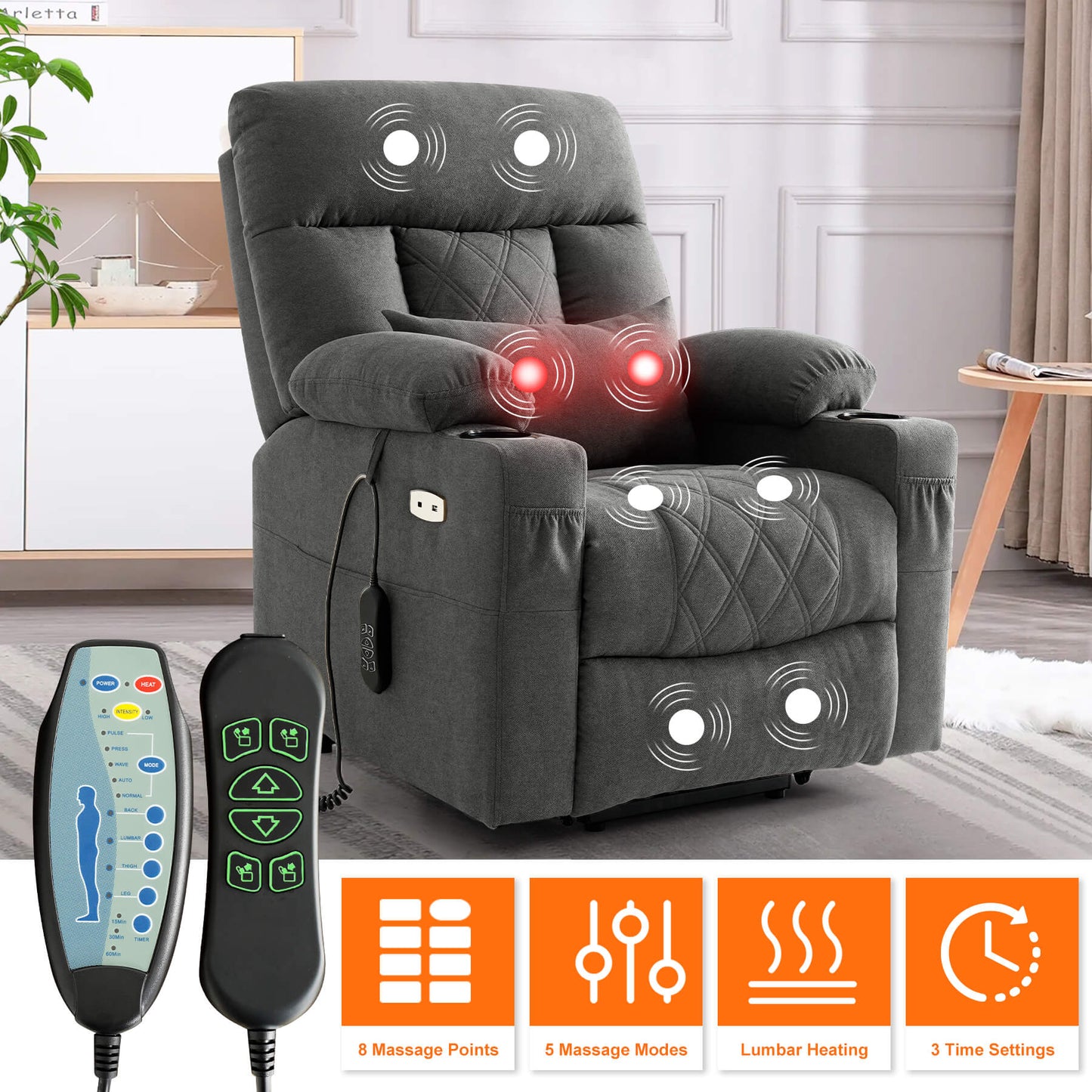 Classic electric recliner chair with massage and heating function, operated by remote control.