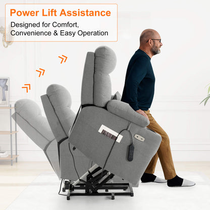 Light gray power lift chair with a man demonstrating its use, text about power lift feature.