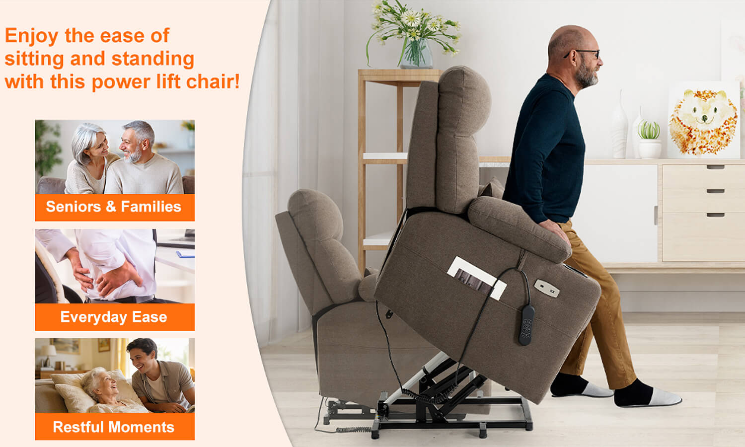Man using a power lift chair in a home setting with promotional text about its benefits, perfect for seniors and families, everyday use and restful moments.