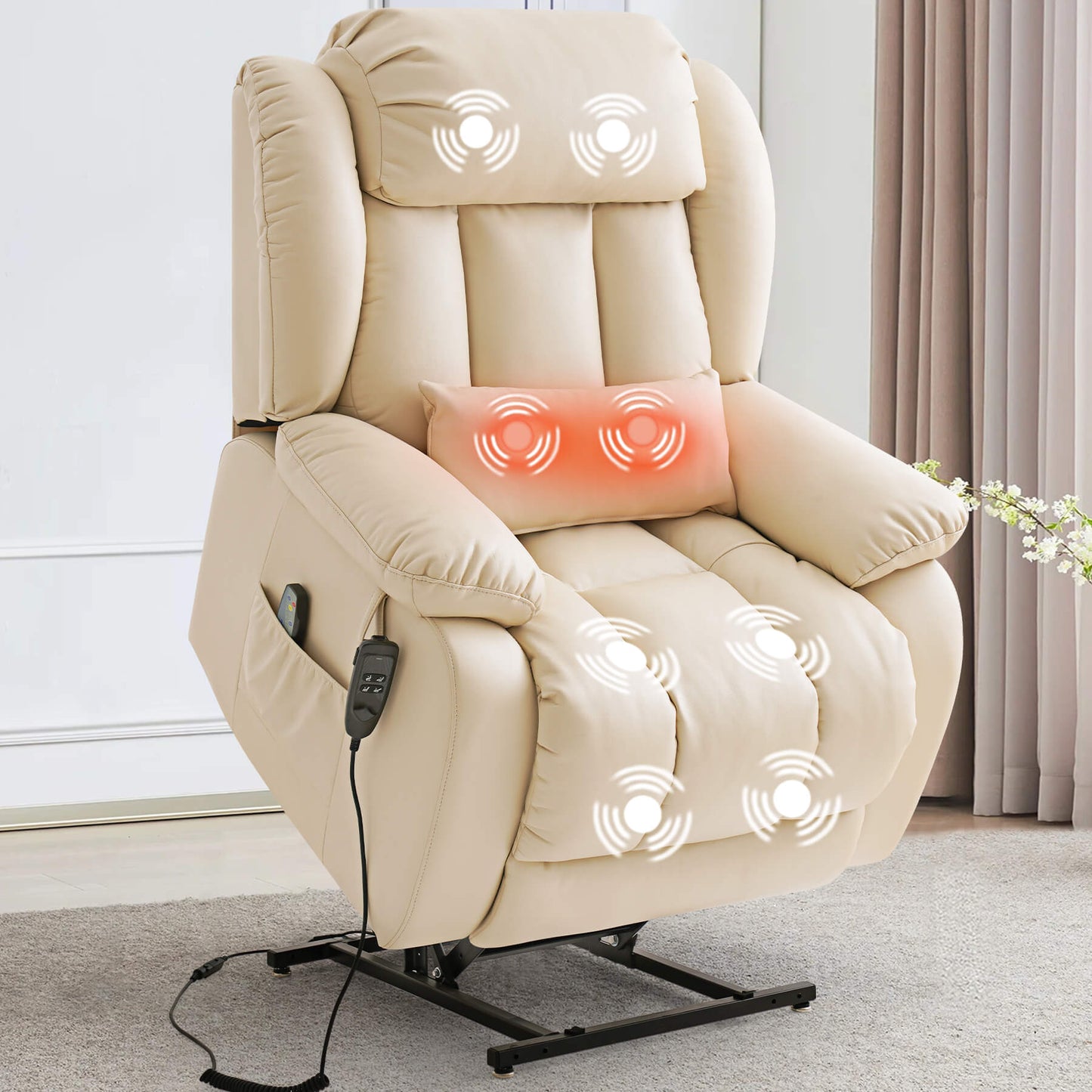 Beige massage lift recliner chair in the raised position with massage points indicated in a room setting.