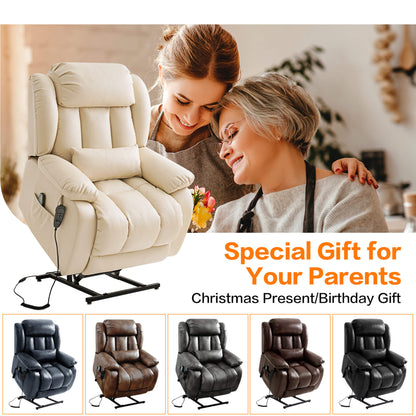 Beige leather recliner chair with a woman and elderly woman, text 'Special Gift for Your Parents', and images of other five color recliner chairs.