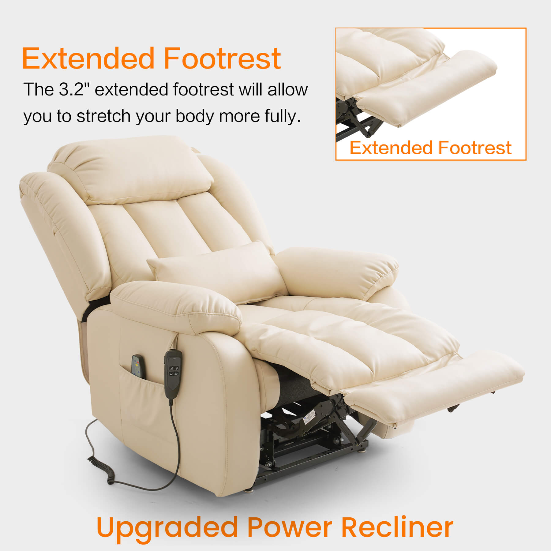 Beige upgraded power recliner chair with extended footrest on a light gray background.