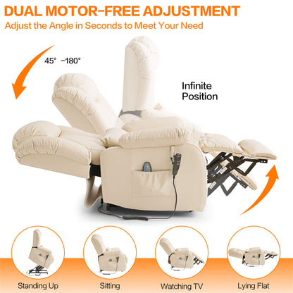 Beige recliner chair with dual motor - free adjustment features on a white background.