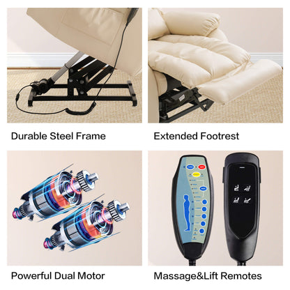 Recliner chair with features highlighted including durable steel frame, extended footrest, powerful dual motor, and massage/lift remotes.