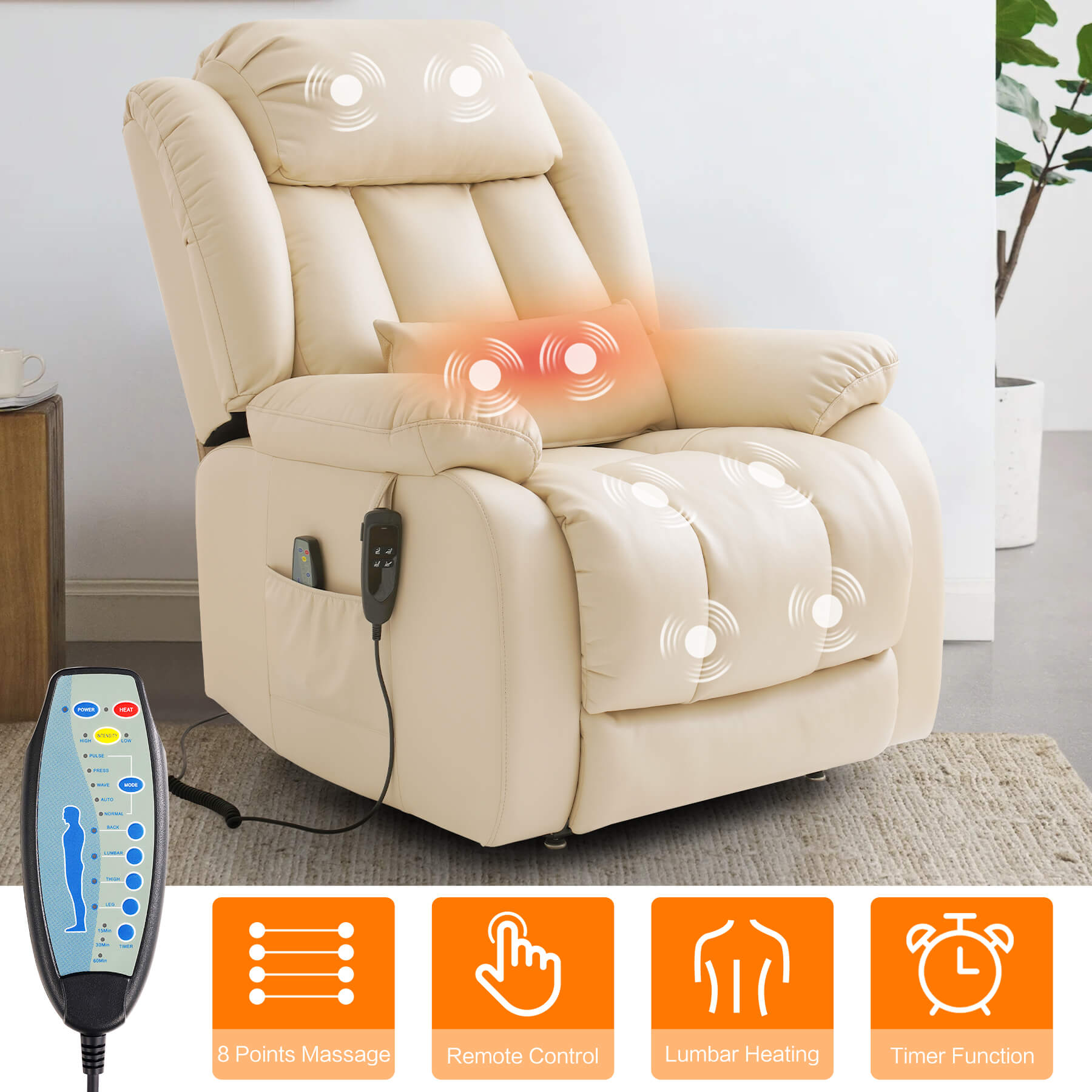 Beige recliner chair with massage and heating functions, with remote control in a living room setting