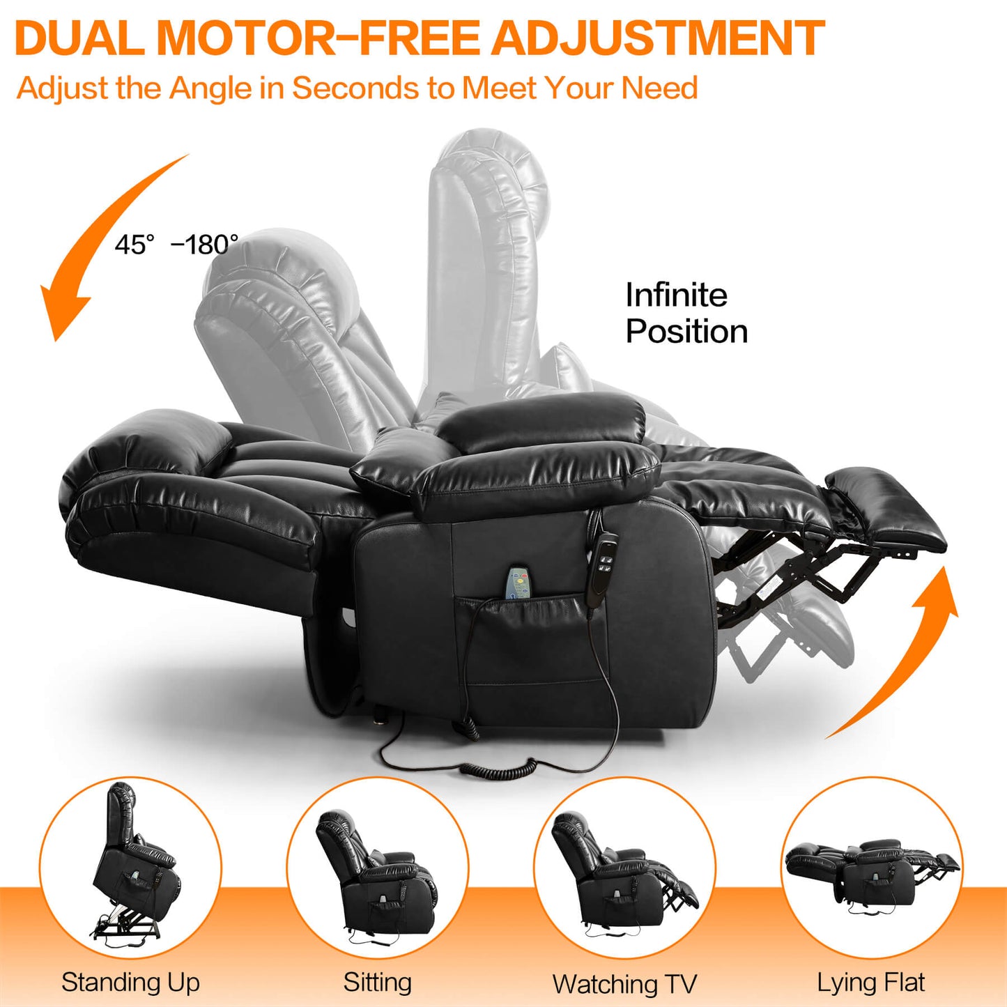 Black recliner chair with dual motor - free adjustment features on a white background.