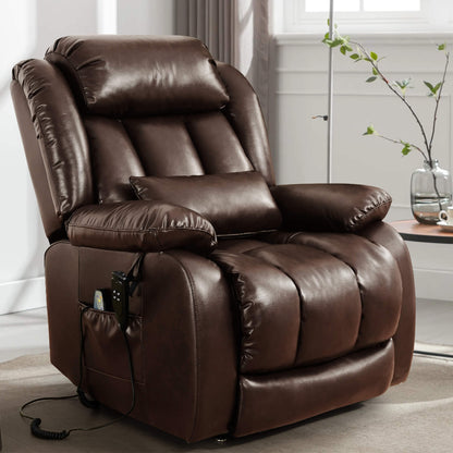 Brown blue leather recliner chair in a living room setting, facing sideways.