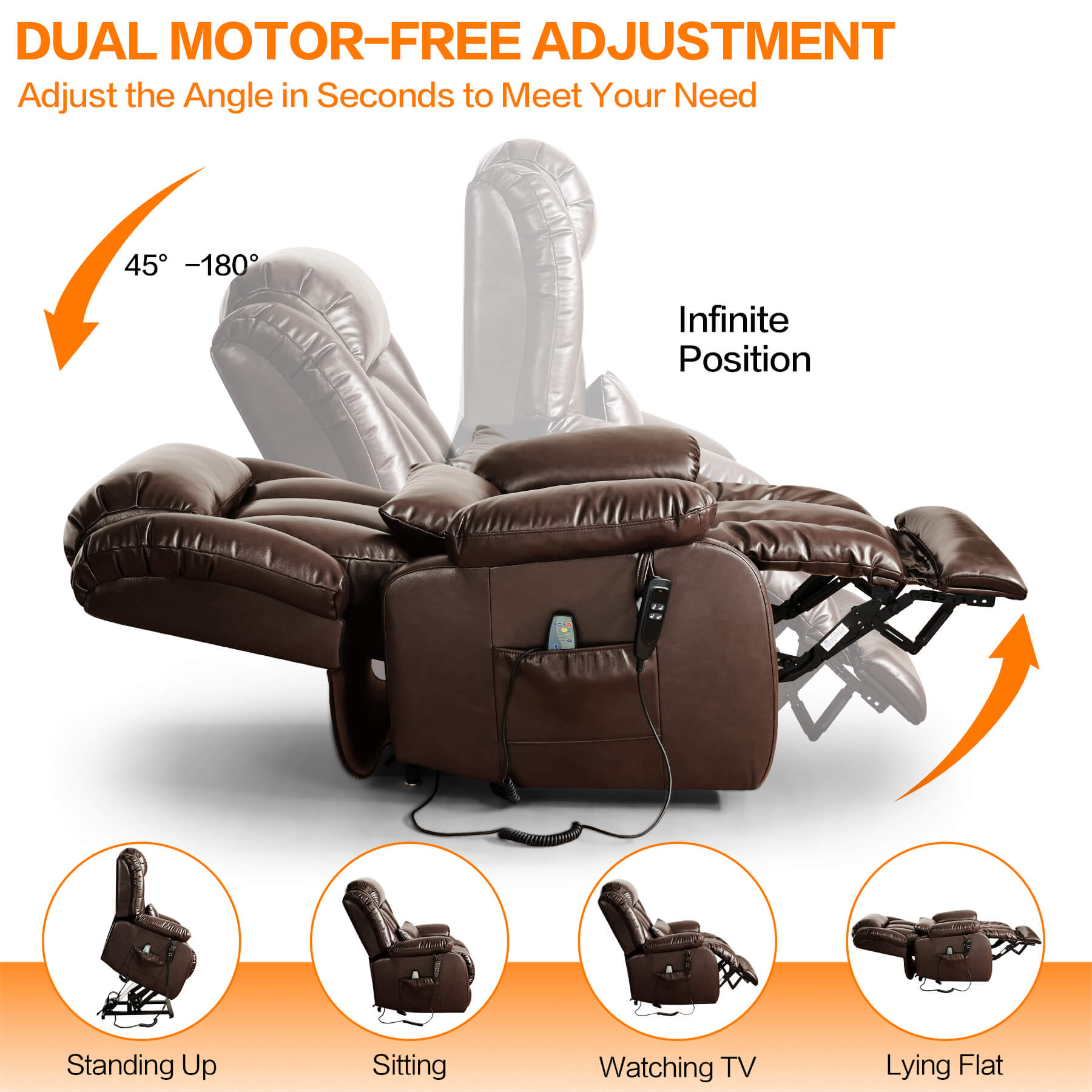 Brown recliner chair with dual motor - free adjustment features on a white background.