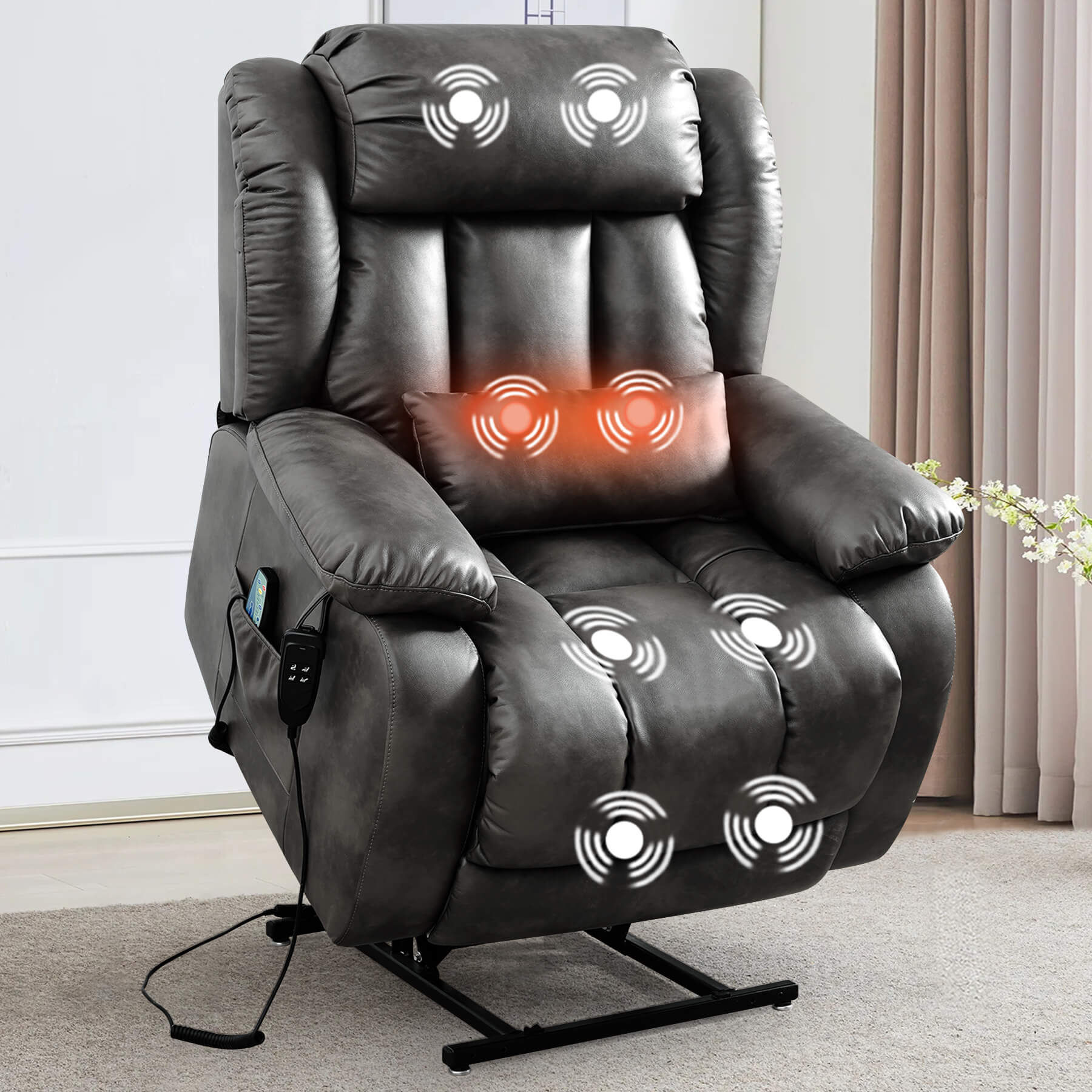 Gray massage lift recliner chair in the raised position with massage points indicated in a room setting.