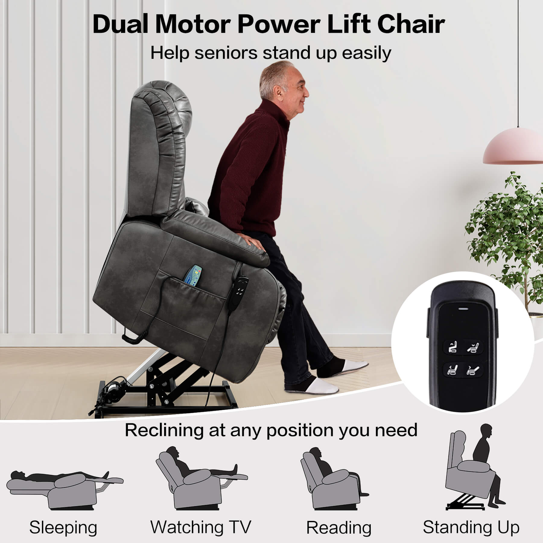 Dual Motor Power Lift Chair with lifting and reclining features, controlled via remote, and a man using it.