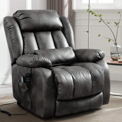 Gray leather recliner chair in a living room setting, facing sideways.