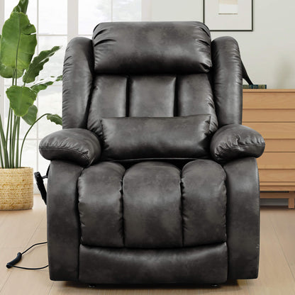 Gray leather recliner chair in a living room setting, facing forward.