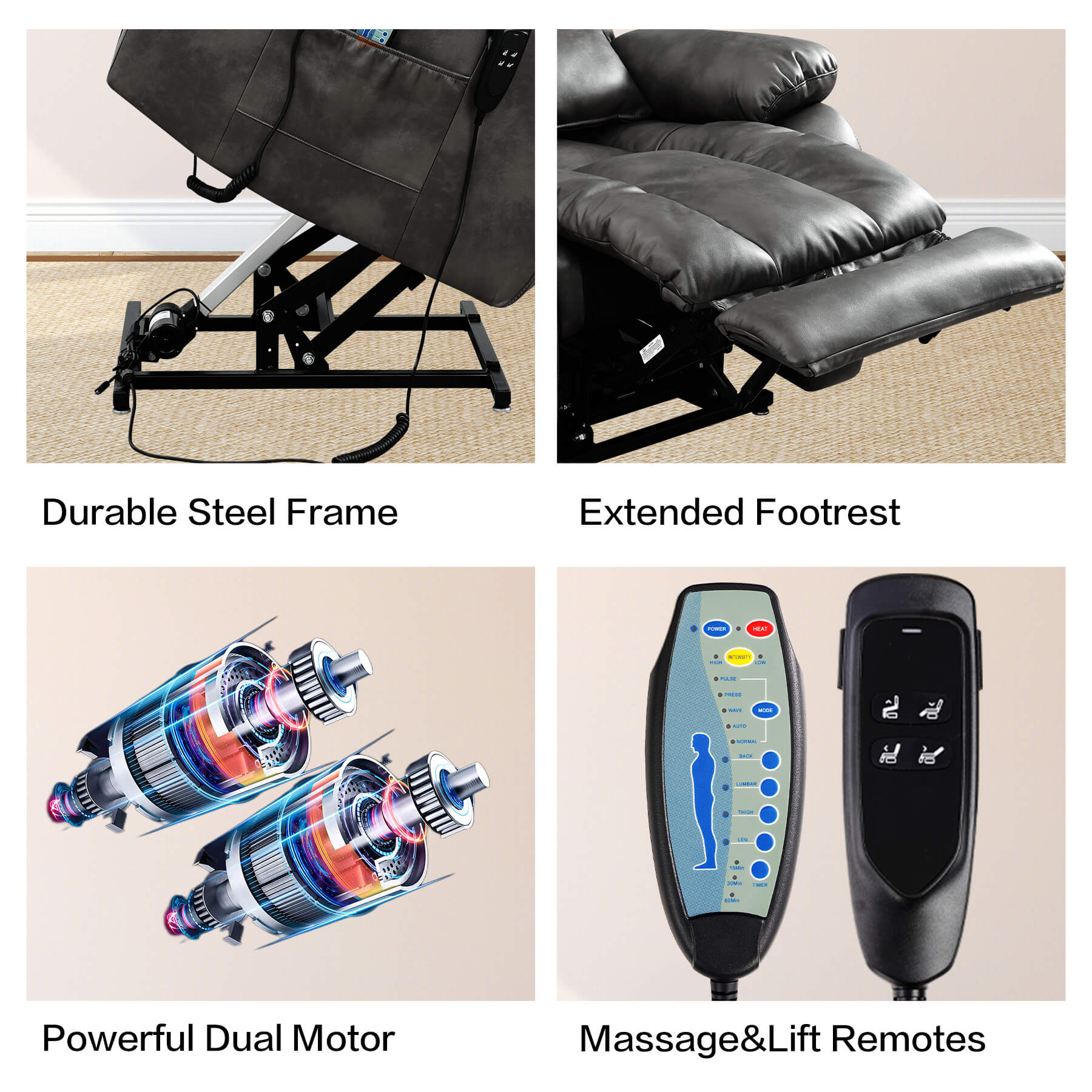 Recliner chair with features highlighted including durable steel frame, extended footrest, powerful dual motor, and massage/lift remotes.