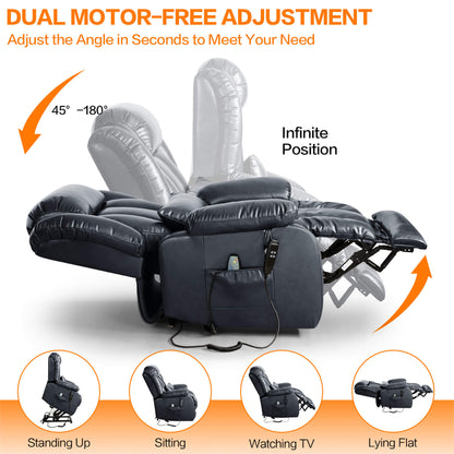 Navy recliner chair with dual motor - free adjustment features on a white background.