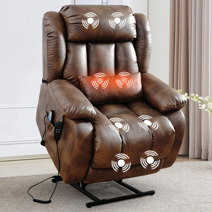 Ochre massage lift recliner chair in the raised position with massage points indicated in a room setting.