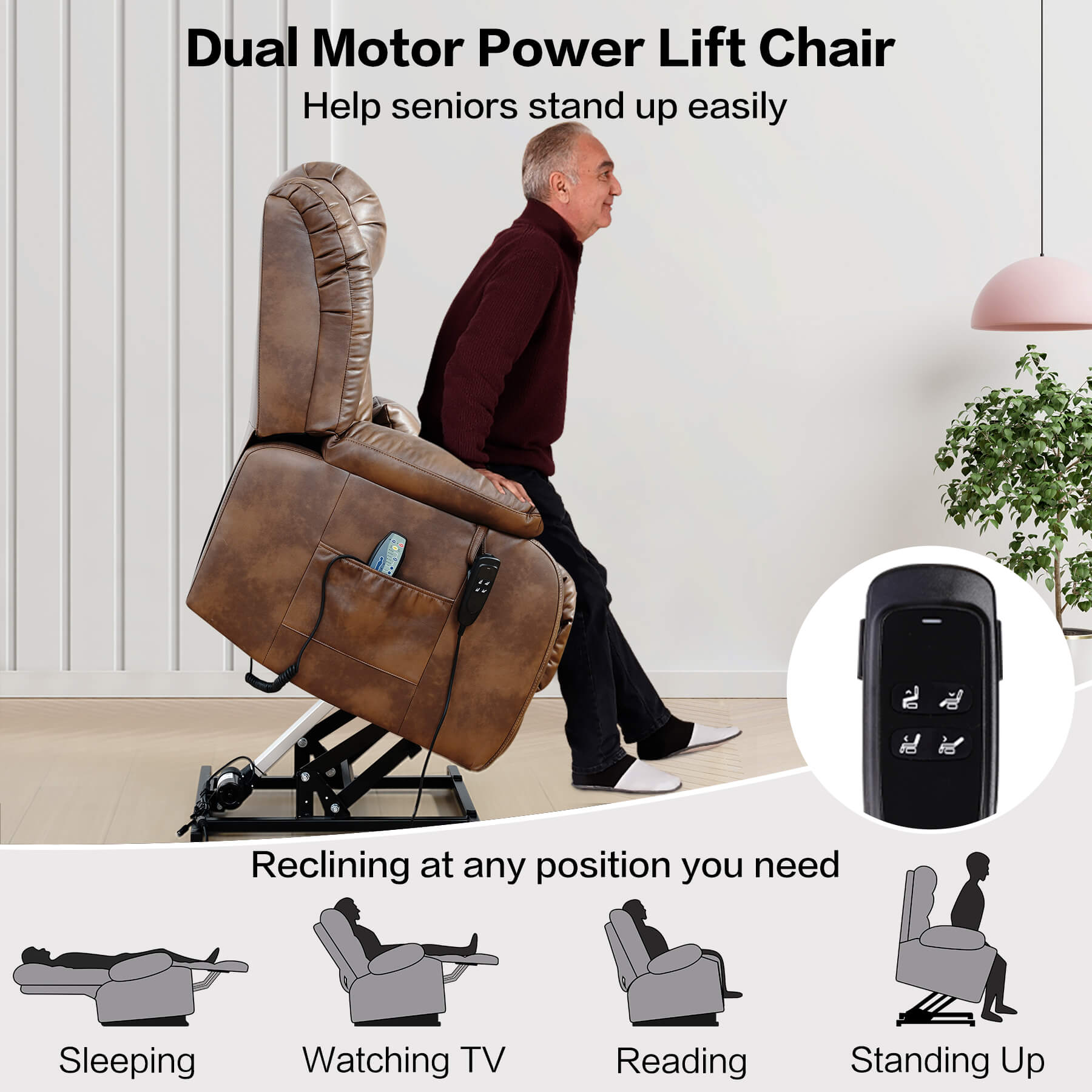 Dual Motor Power Lift Chair with lifting and reclining features, controlled via remote, and a man using it.