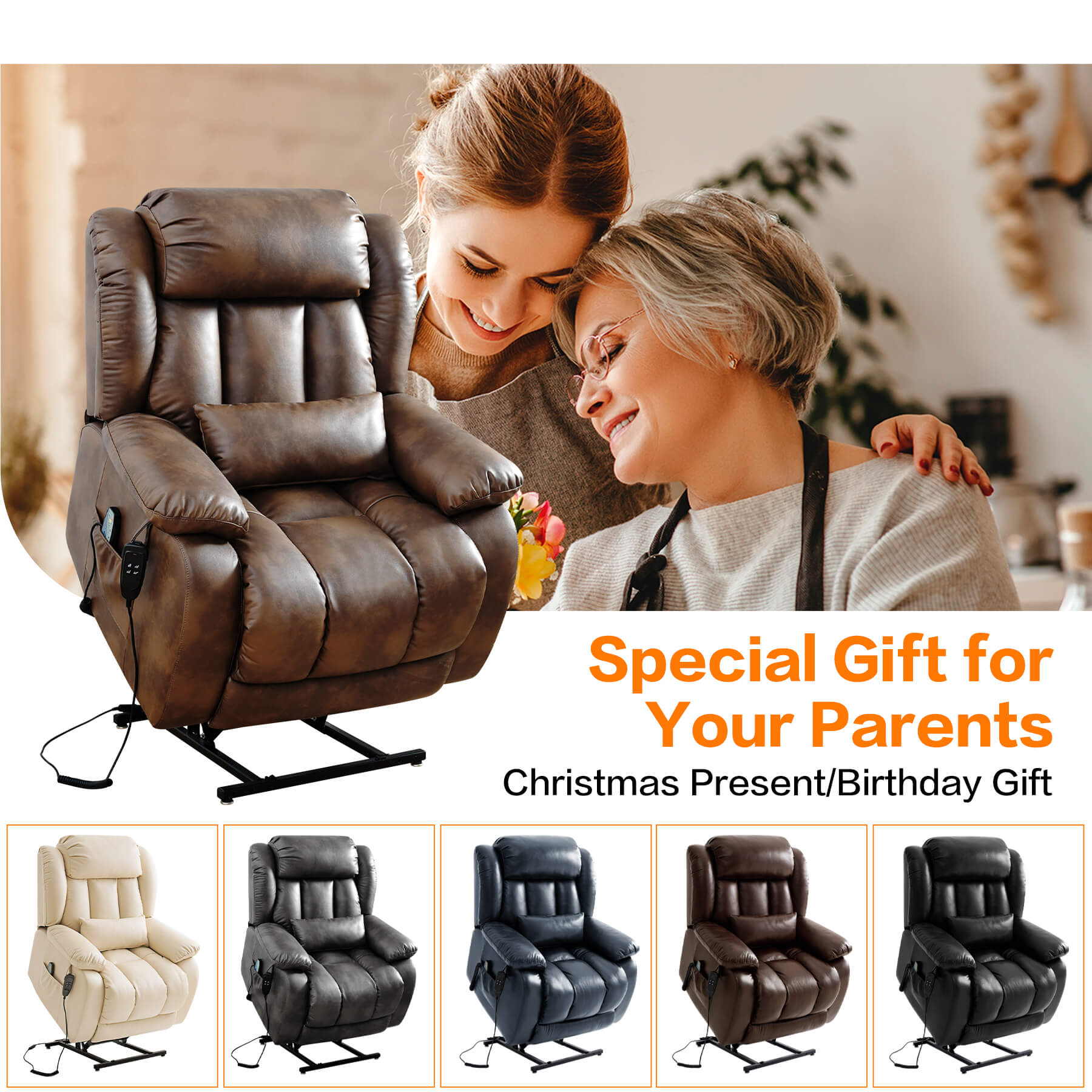 Ochre leather recliner chair with a woman and elderly woman, text 'Special Gift for Your Parents', and images of other five color recliner chairs.