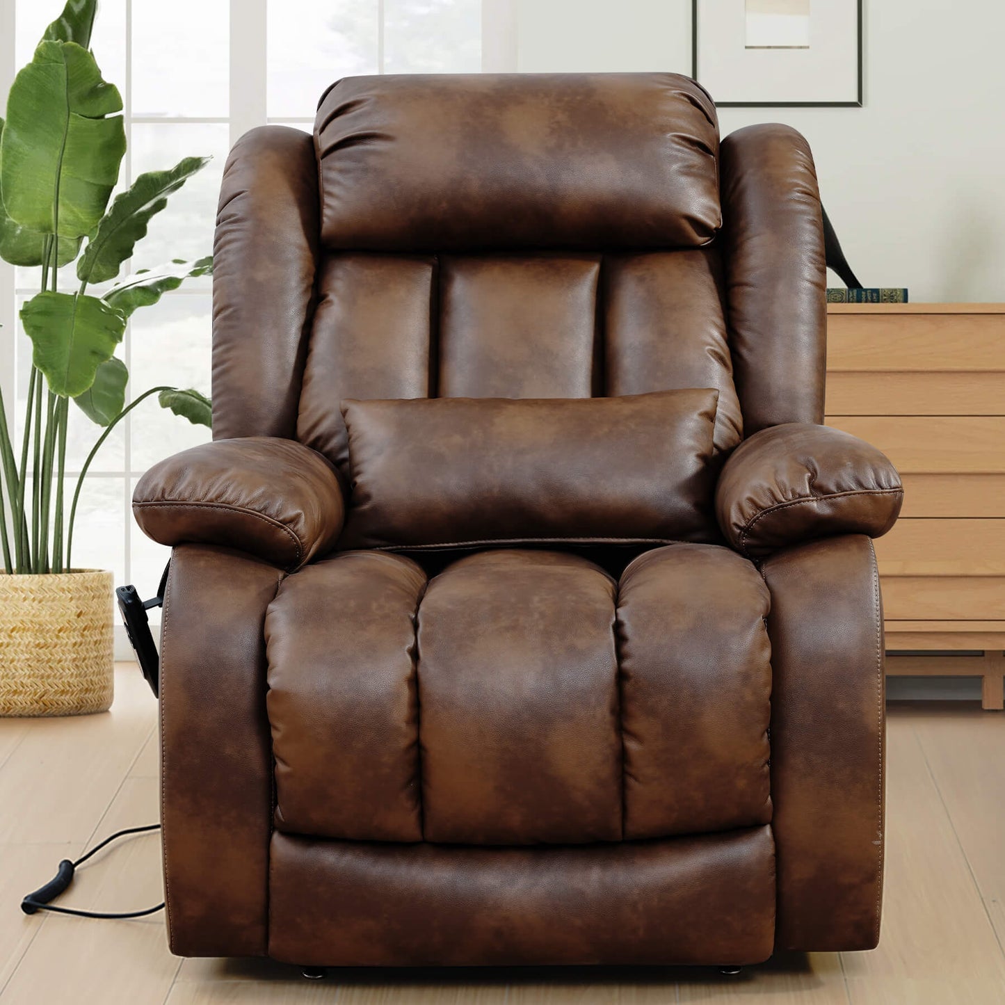 Ochre leather recliner chair in a living room setting, facing forward.