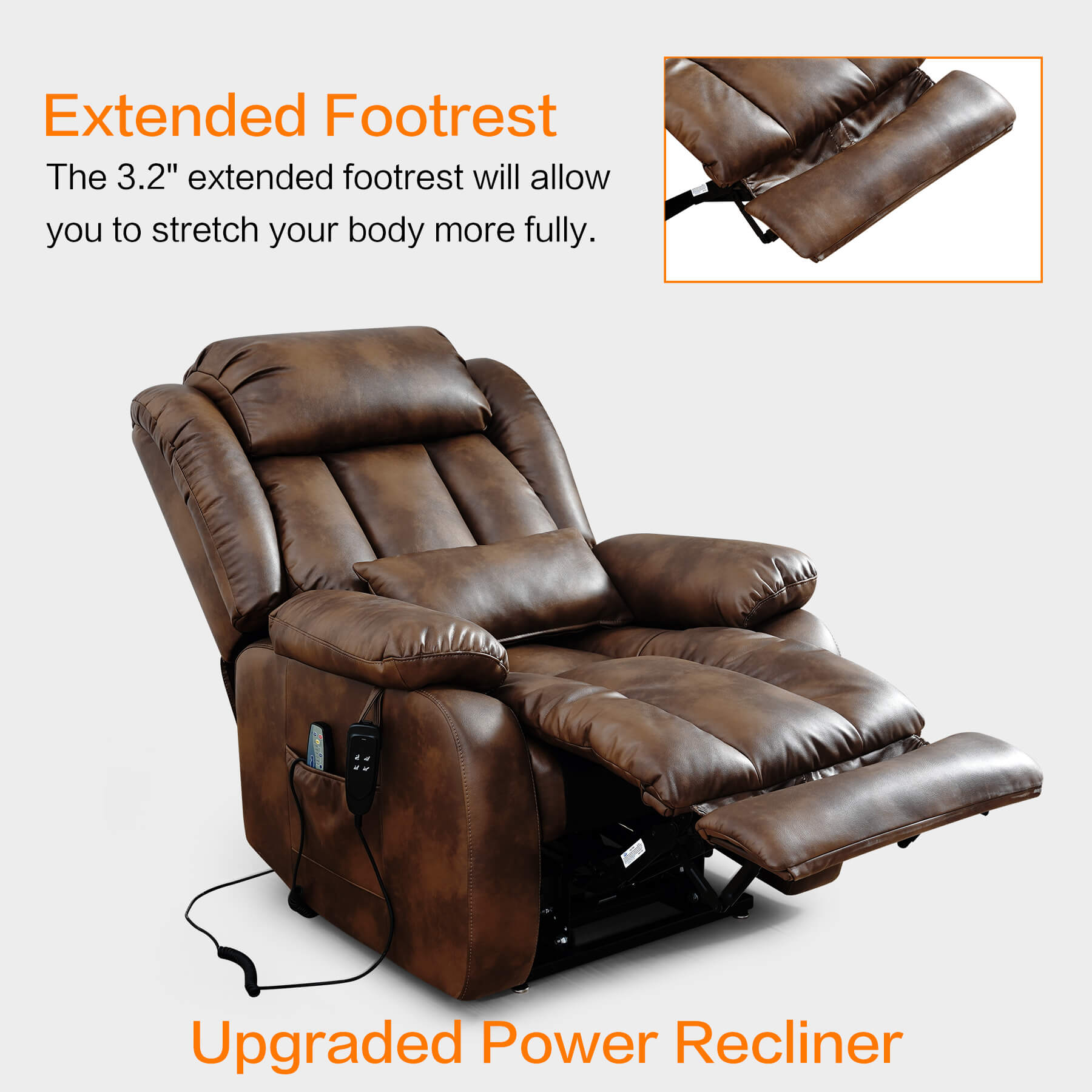 Ochre upgraded power recliner chair with extended footrest on a light gray background.