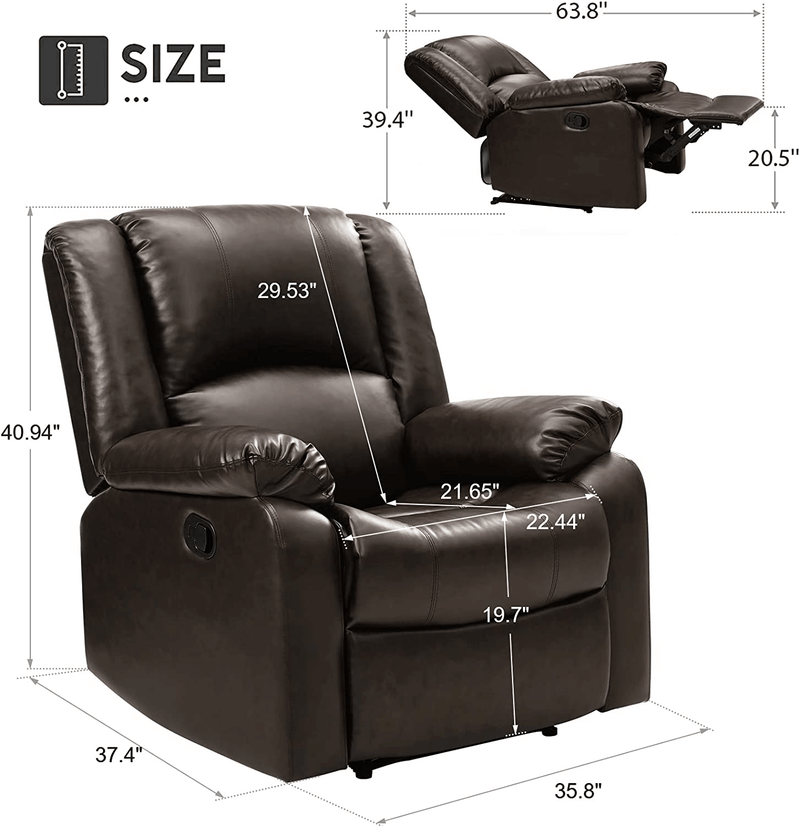 Manual Recliner Chair Recliner Soft Armrests For Living Room 35" Width, Leather