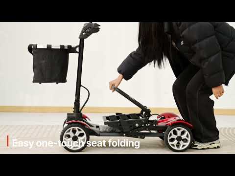 Video of mobility scooter in use, including easy assembly and folding demonstrations.