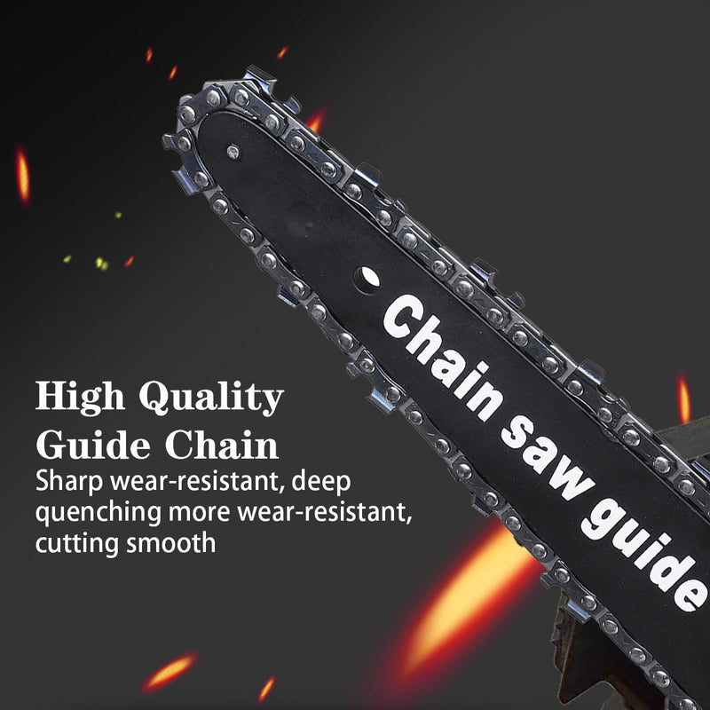 Closeup of the chain of a 6-inch handheld chainsaw