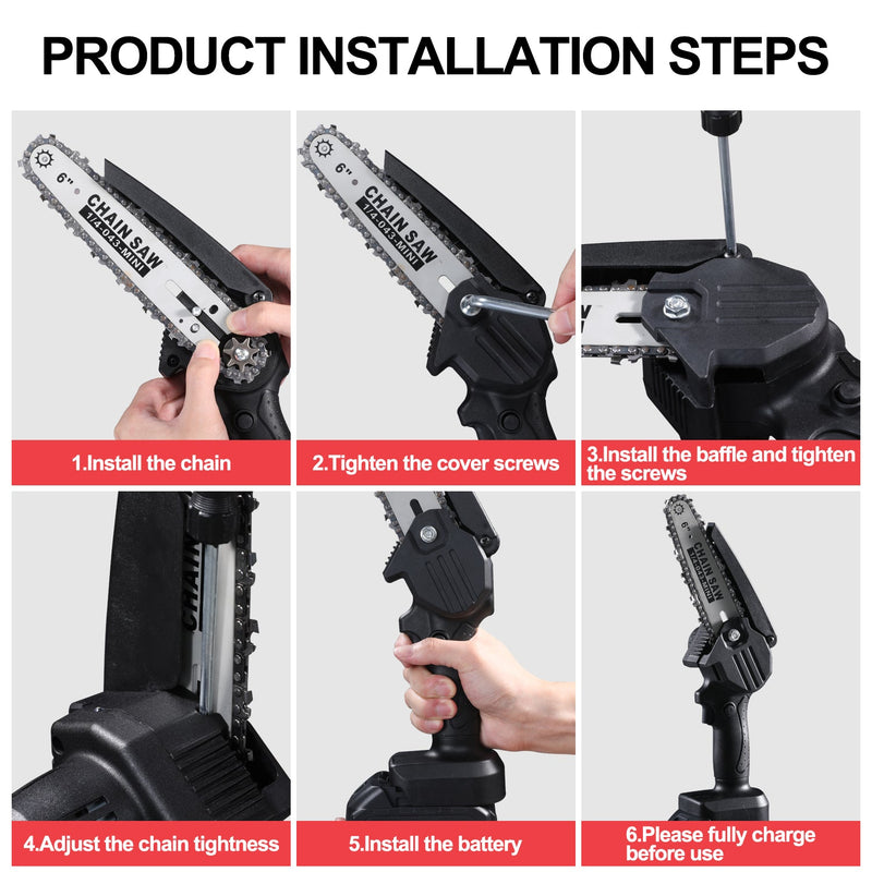 ASJMREYE Mini Chainsaw 6 Inch Cordless Hand-Held Black Electric Chain Saw Rechargeable Portable With Two Battery 3* Chains