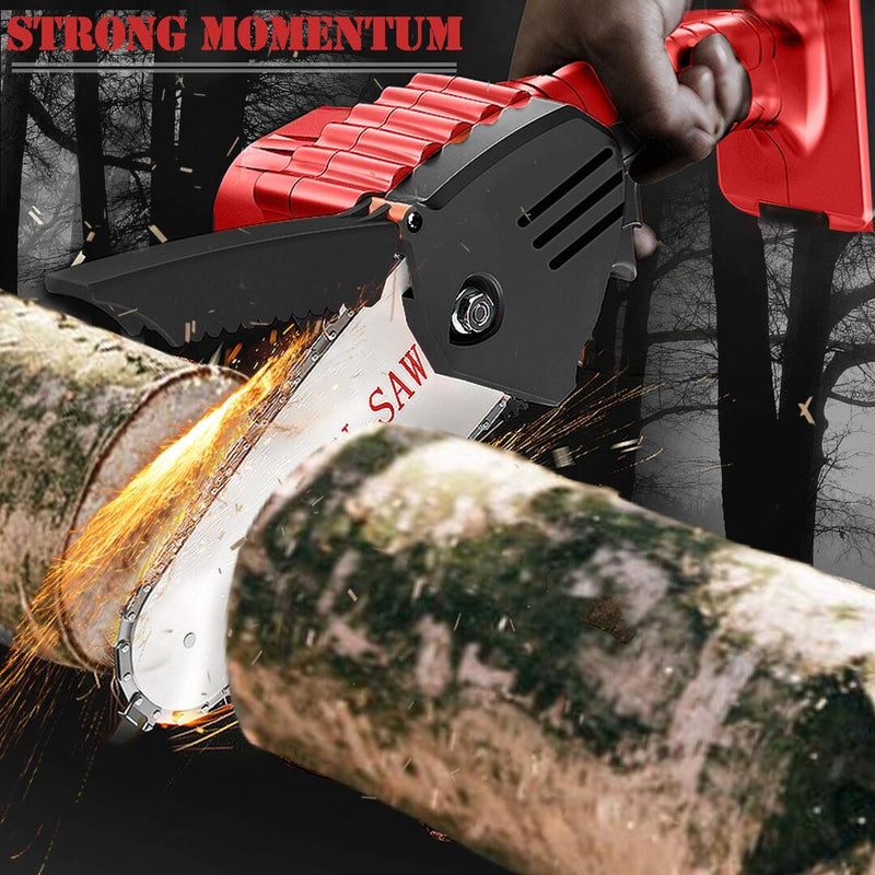 ASJMREYE  Mini Chainsaw 6 Inch Cordless Hand-Held Red Electric Chain Saw Rechargeable Portable With Two Battery